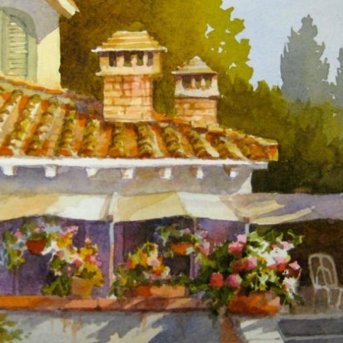 Flowers at the Villa - Watercolor Painting of Italy