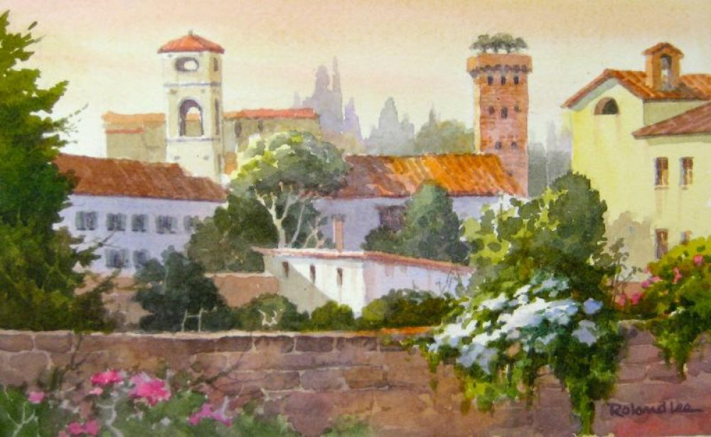 Lucca Towers from the Wall - Watercolor Painting of Italy