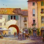 Round Square in Lucca - Watercolor Painting of Italy
