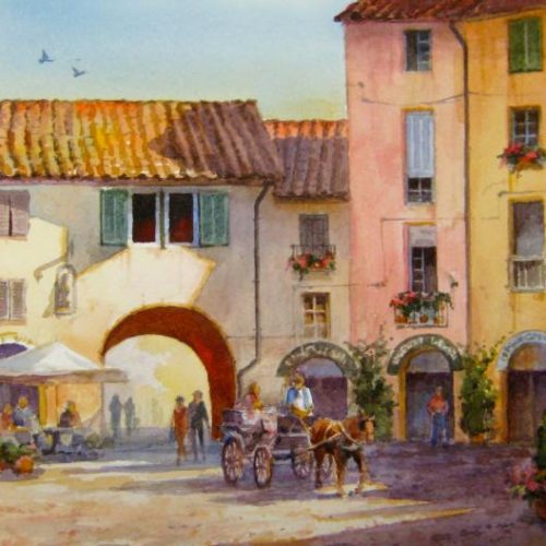Round Square in Lucca - Watercolor Painting of Italy