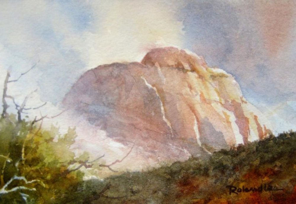 East Temple in the Clouds - Plein Air - Watercolor painting of Zion National Park
