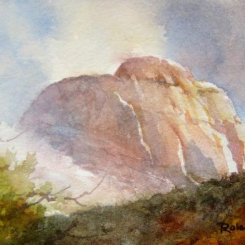 East Temple in the Clouds - Plein Air - Watercolor painting of Zion National Park