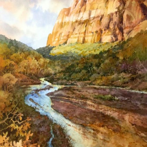 Rio Virgin - Watercolor Painting of The Sentinel Cliffs in Zion National Park