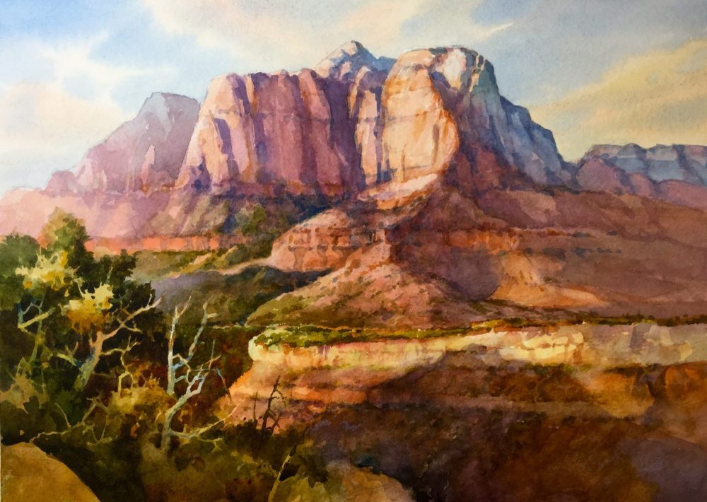 Kinesava Afternoon - Watercolor Painting of Mt. Kinesava in Zion National Park