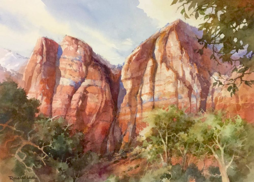 Springtime in Zion - Watercolor Painting of The Sentinel Cliffs in Zion National Park