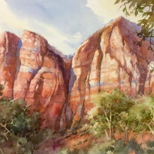 Springtime in Zion - Watercolor Painting of The Sentinel Cliffs in Zion National Park