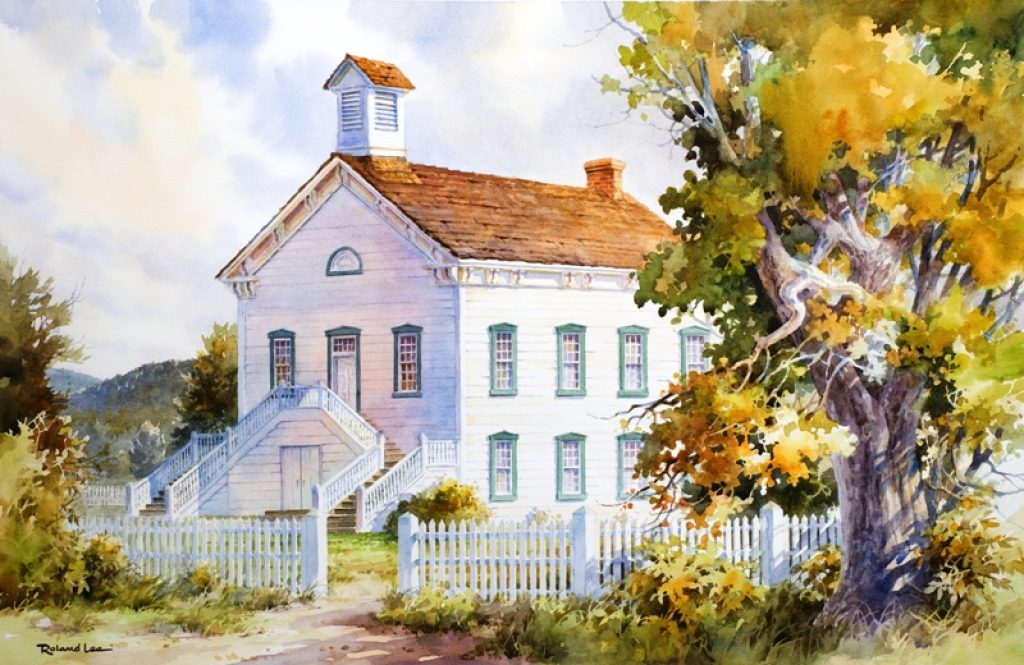 Step by step painting demonstration of the Pine Valley Chapel by Roland Lee