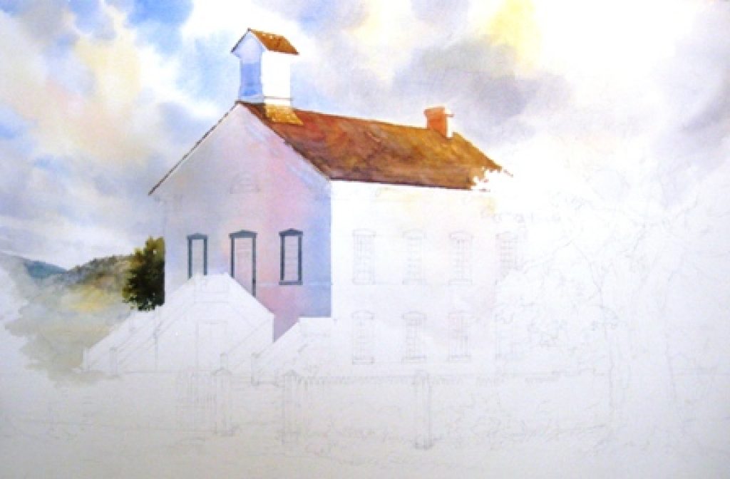 Step by step painting demonstration of the Pine Valley Chapel by Roland Lee