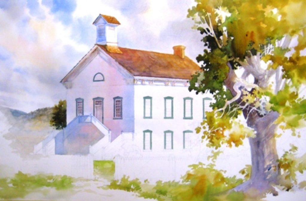 Watercolor painting of the Pine Valley Chapel by Roland Lee
