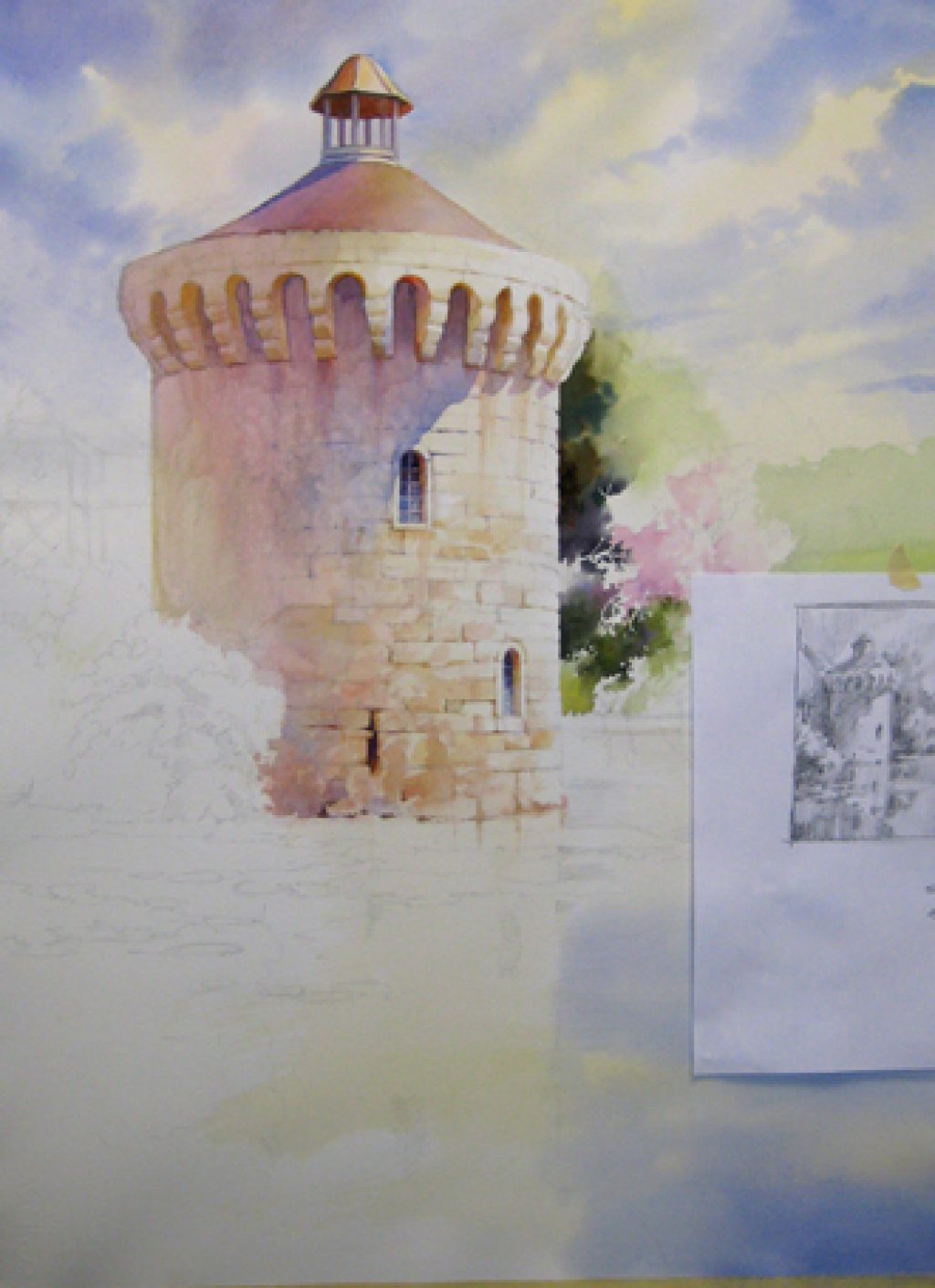 Finished Painting - Watercolor painting of Scotney Tower in England by Roland Lee