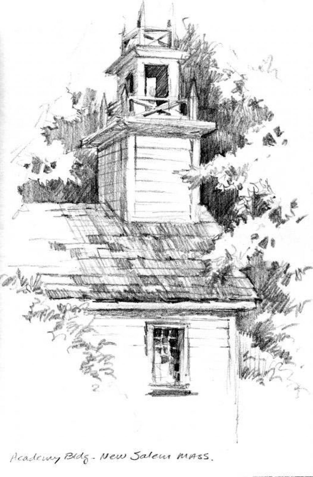 Pencil Drawing of New Salem Academy in Massachusetts by Roland Lee